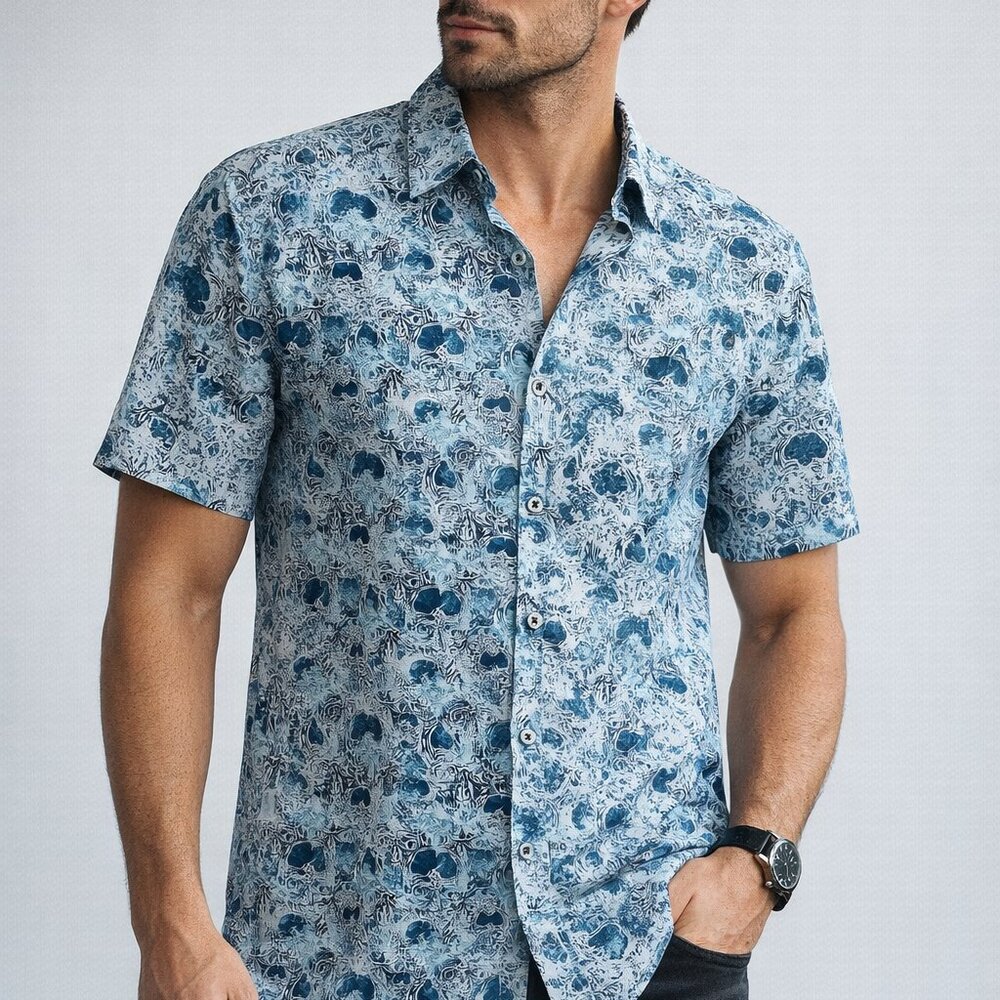 Robert Graham Skull Print Button Down Shirt Blue Teal Short Sleeve Large
